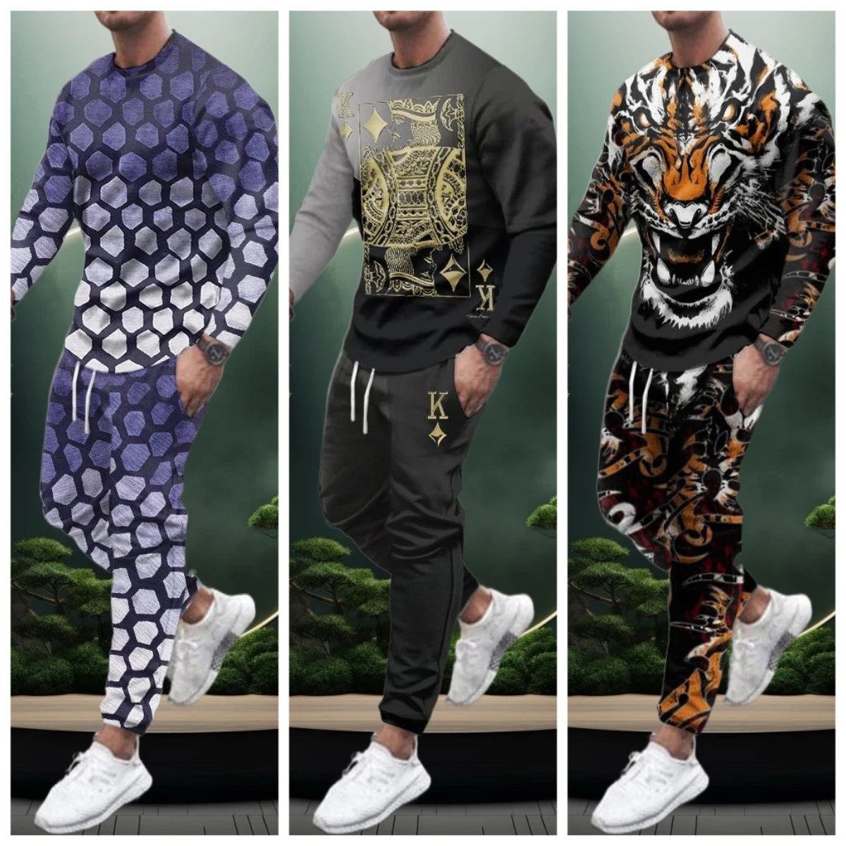 

25 Latest Explosive Suits 3D Printed Ethnic Style Hunting Graffiti Men's Fashion Trend Long Sleeve T-Shirt Pants Set for Adults