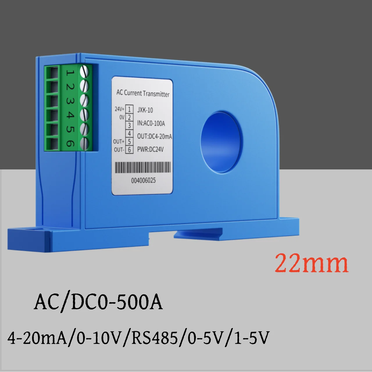 22mm AC Current Sensor 5A 10A 20A 30A 50A 100A Transducer DC24V 4-20ma RS485Current Transmitter JXK-10
