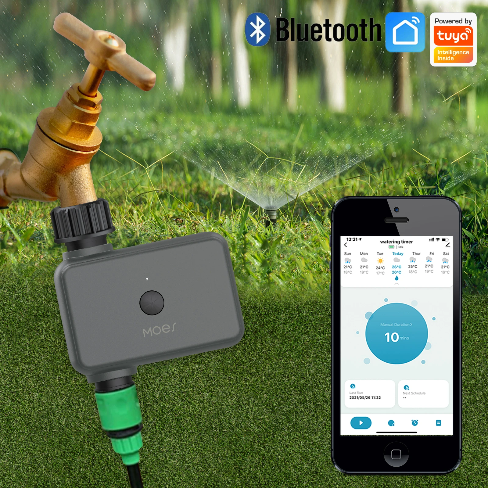 MOES Tuya Bluetooth Smart Water Timer IP55 Waterproof Garden Automatic Irrigation Controller Rain Delay for Lawn Plant Watering