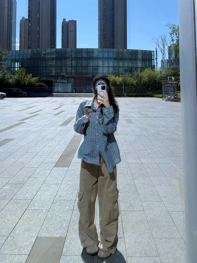 قميص كاروهات أزرق فضفاض للنساء، موديل خريف 2025 الجديد، أسلوب كوري كسول، متعدد الاستخدامات، يظهر الشباب، قميص وجاكيت للارتداء...