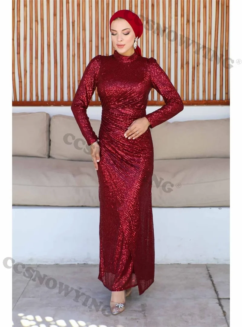 

Sequin Sheath Long Sleeve Muslim Evening Dresses Formal Party Gown High Neck Hijab Arabic Kaftan Robe De Soiree