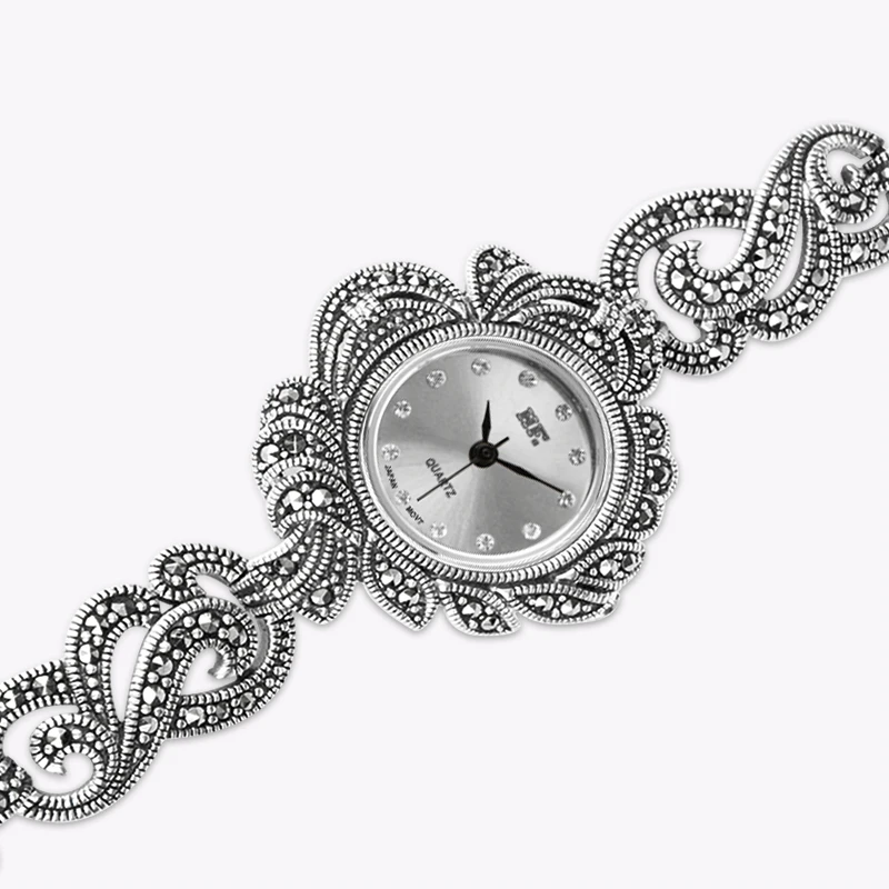 YYSUNNY Fashion Round Wrist Watch Leaf Style S925 Sterling Silver Ladies Elegant Openwork Bracelet for Gift Classic Jewelry