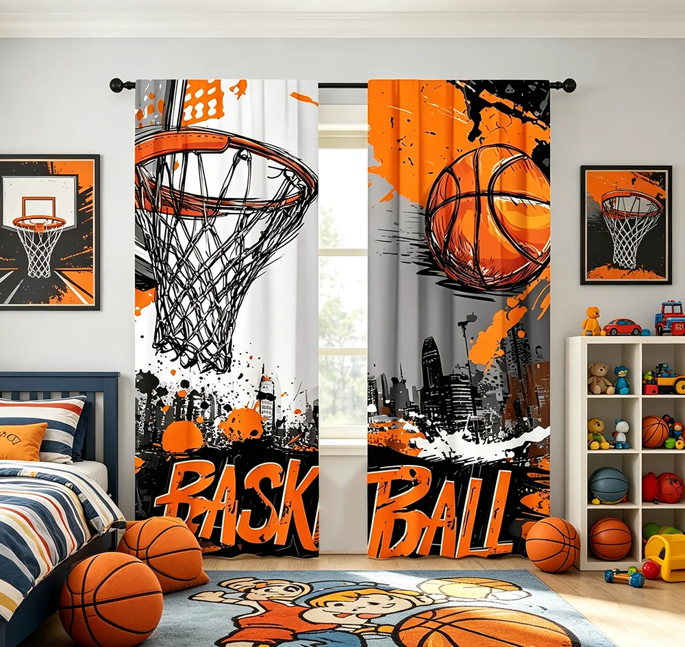 2PCS Digital Printed Curtains, Vibrant Basketball Sports Athletic Active, Rod Pocket Window Drapes for Living Room Bedroom Decor