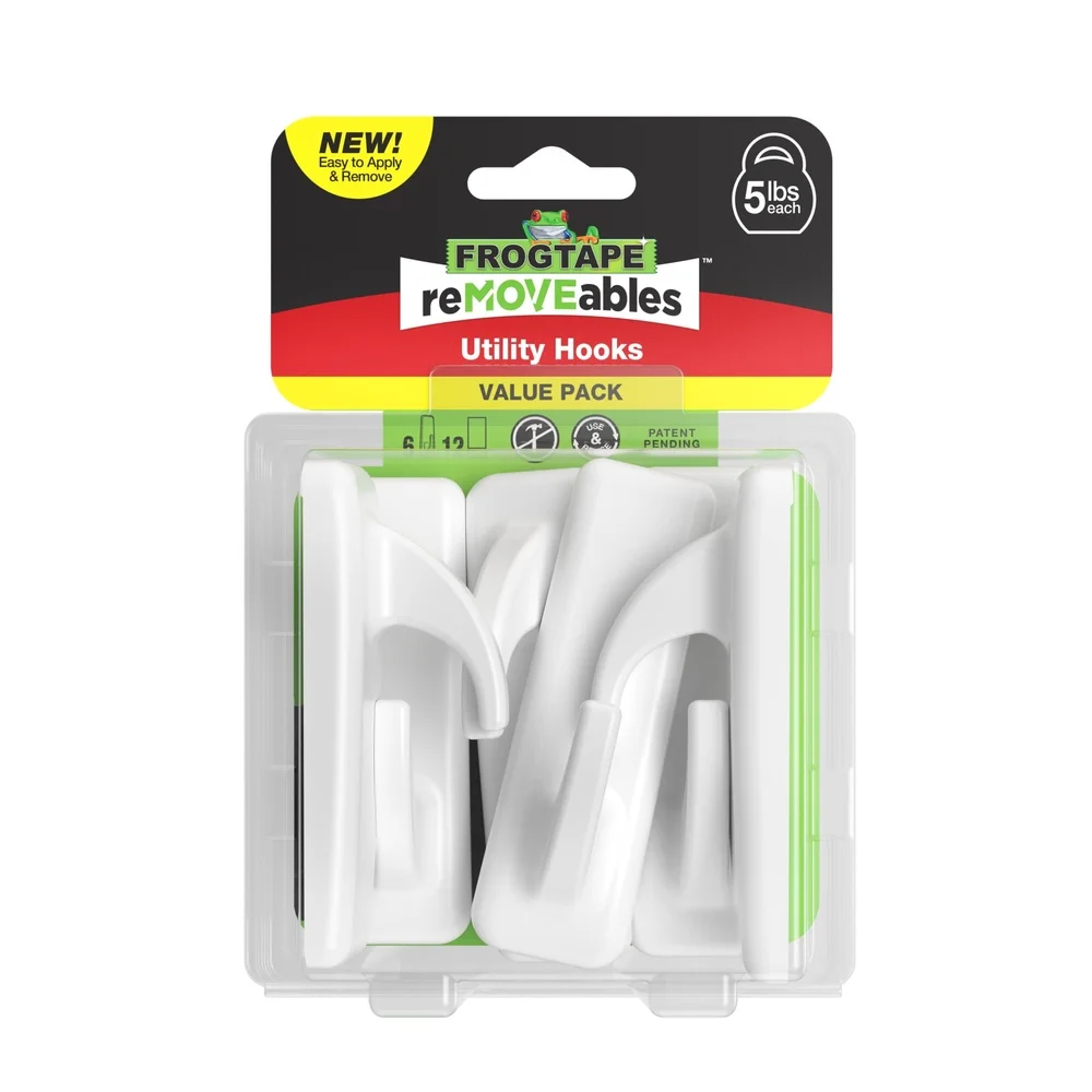 Large Utility Hooks 6 Pack with 12 Adhesive Strips Damage-Free Reusable Wall Hooks Easy Organization in Kitchen Garage Laundry