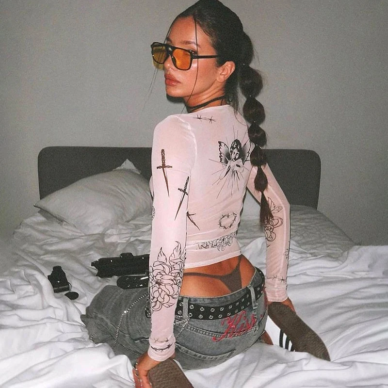 BUILDINGB Summer Totem Print Sexy Club Mesh Tops O Neck Long Sleeve Streetwear Fashion Sheath Slim See Through T-Shirts Women