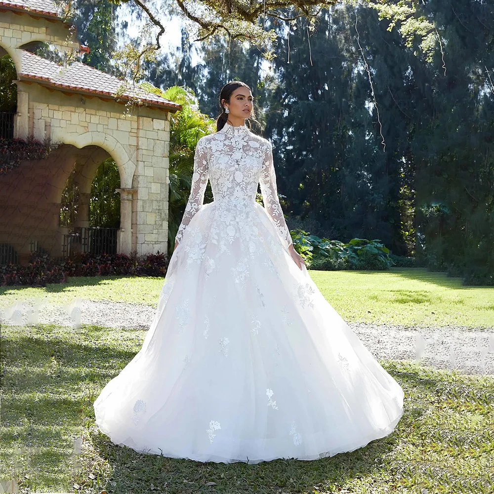 

Luxury Wedding Dresses High Neck Long Sleeve A-Line Brides Dress Appliques Arabic Tulle Bridal Gown Customized vestidos de novia
