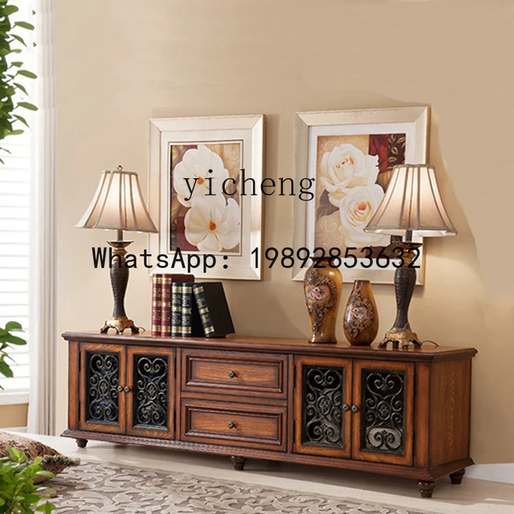 solid wood TV cabinet rural audio-visual cabinet hollow carved retro long living room furniture