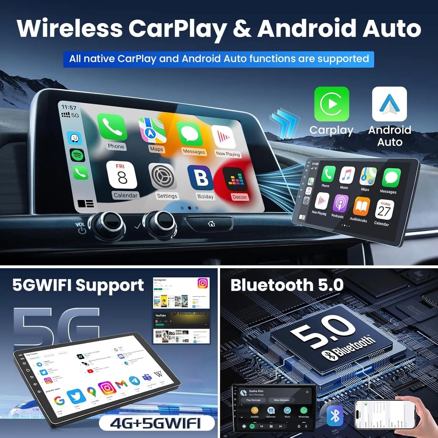 Rádio automotivo Android 13 de 8 núcleos 4 + 32G para Honda Pilot 2006-2008, tela sensível ao toque HD de 9', CarPlay, Android Auto, GPS, Bluetooth 5.0, WiFi,