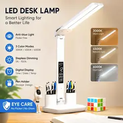 LED Desk Lamp USB Dimmable Touch Foldable Table Lamp with Calendar Temperature Clock Night Light for Study Reading Lamp