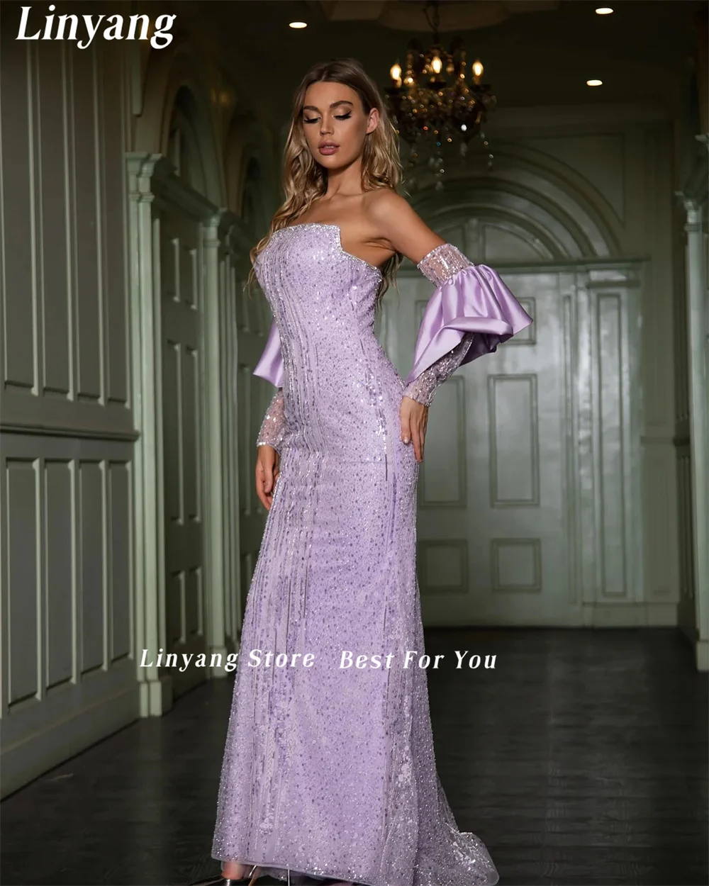 Linyang Strapless Purple Luxury Evening Dresses for Women with Removable Ruffle Sleeves Mermaid Midi Quinceanera Dresses