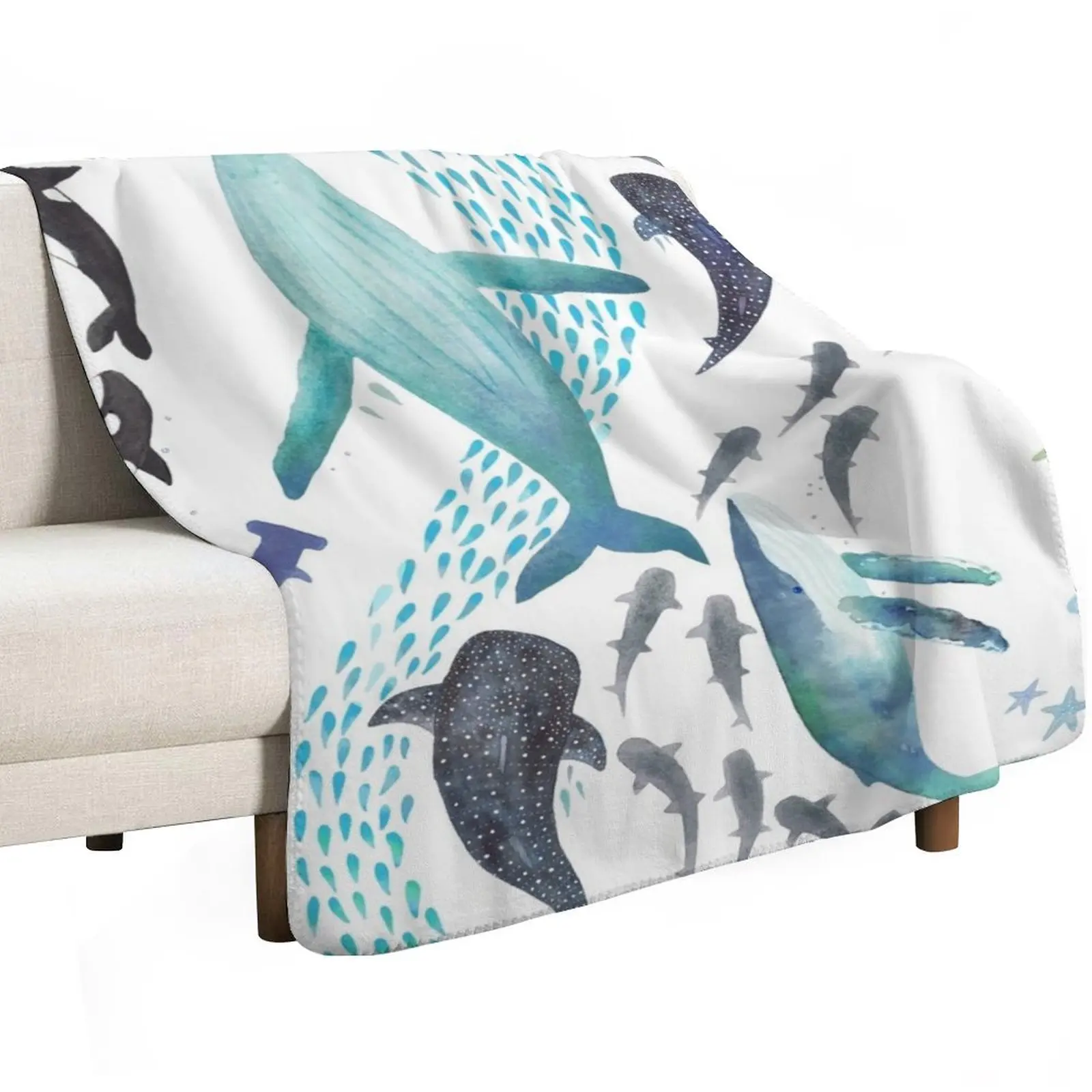 Sharks, Humpback Whales, Orcas & Turtles Ocean Play Print Throw Blanket for sofa Cute Flannel Kid'S blankets ands Blankets