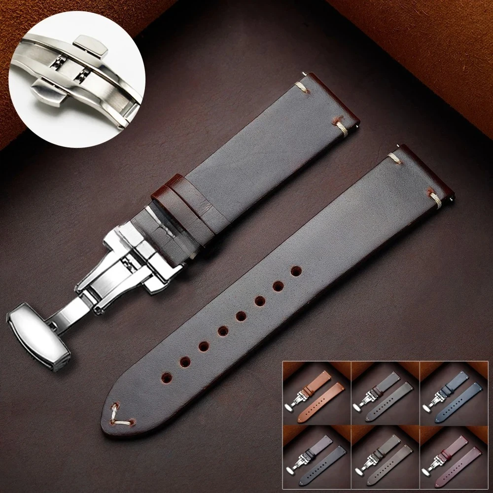 Bracelet pour montre Seiko Vintage en cuir huilé, boucle papillon, sangle en cuir de vachette pour Omega 18/19/20/21/22/24mm
