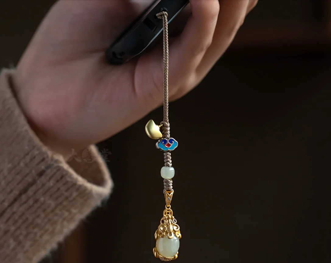 Silver and gold-plated inlaid Hetian jade Pixiu mobile phone chain pendant rope men and women creative antique pendant pendant