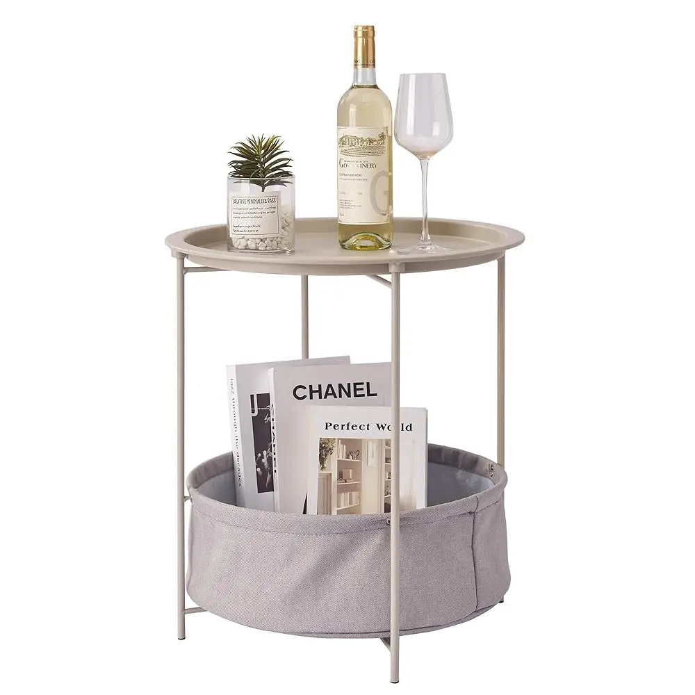 

Round Side/End Table With Fabric Storage Basket，Metal Anti-Rust And Waterproof Small Bedside Nightstand With Removable Tray Top