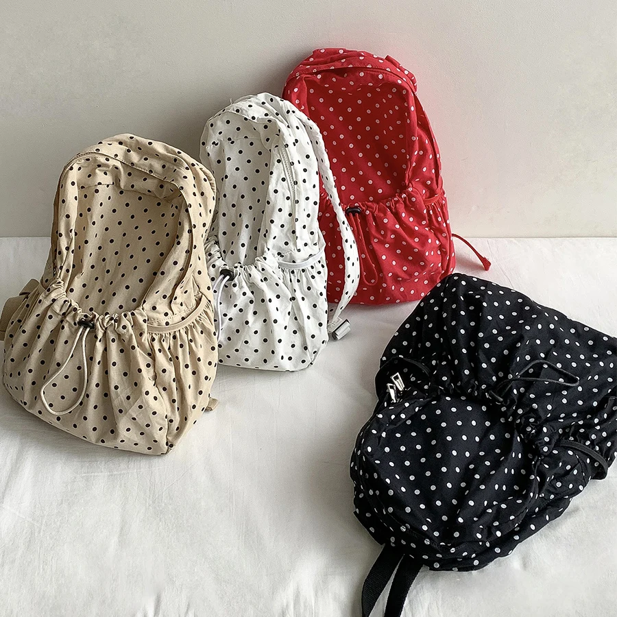 

Casual Nylon Schoolbag for Women Lightweight Lazy Style Travel Backpack High School Student Bagpack Commute Dot Shoulder Bag Sac