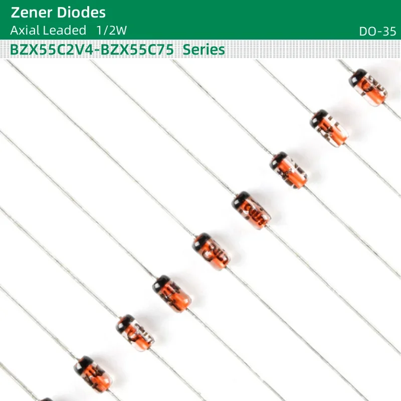 50 pçs/lote 1/2W Diodos Zener 0.5W BZX55C18/20V/22V/24V/27V/30V/33V/36V/39V/43V/47V/51V/56V/62V/68V/75V DO-35