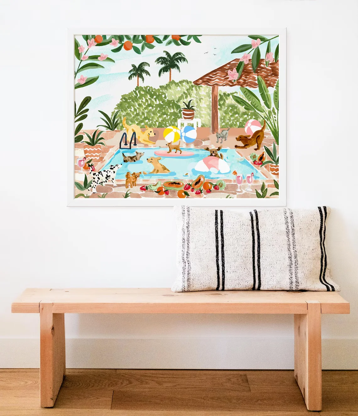 Sunny Dog Pool Party Wall Art - Whimsical Print Celebrating Summer Fun. The Lush Tropical Foliage and Playful Dogs Create a Warm view 3