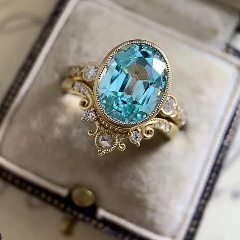 2026 New Gorgeous Two Piece Ring Set for Women Attending Wedding Romantic Sky Blue Oval Stone  Elegant Women's Jewelry Gift