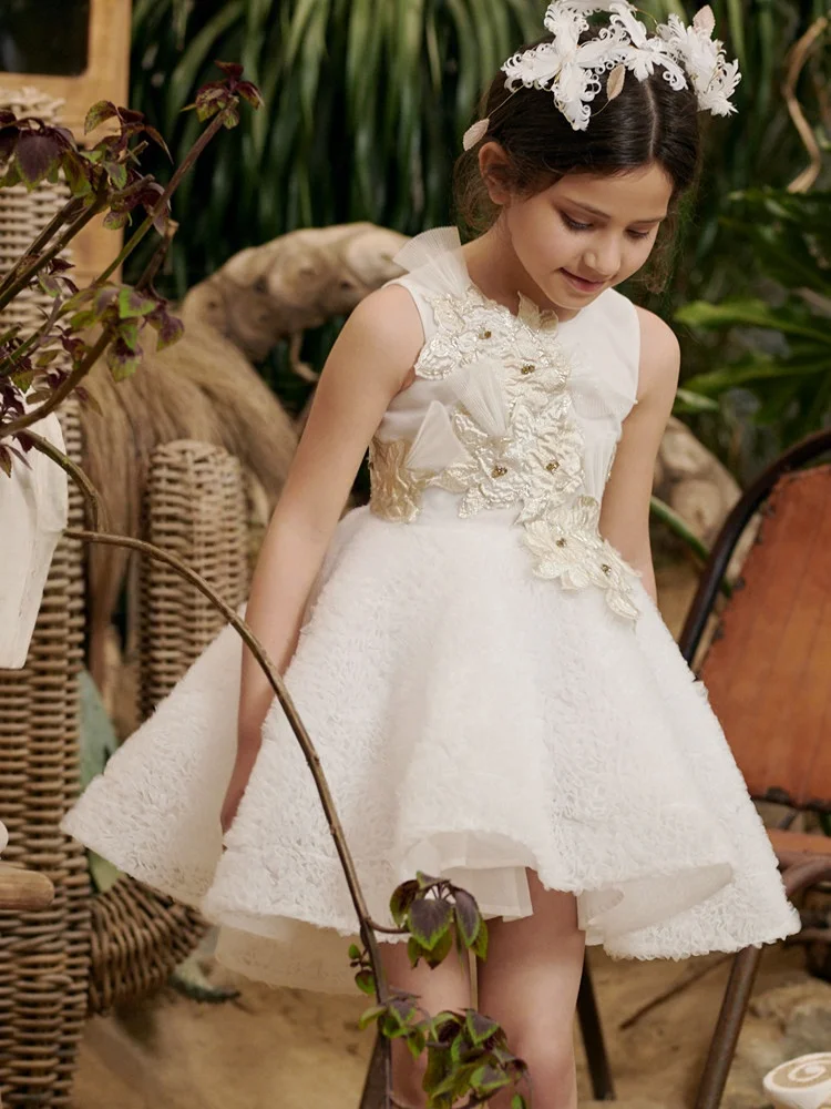 Custom JDY High Sleeveless 3D Floral Embroidery Fluffy Short Flower Girl Dress Wedding Party Gown Birthday Pageant Dress فساتين
