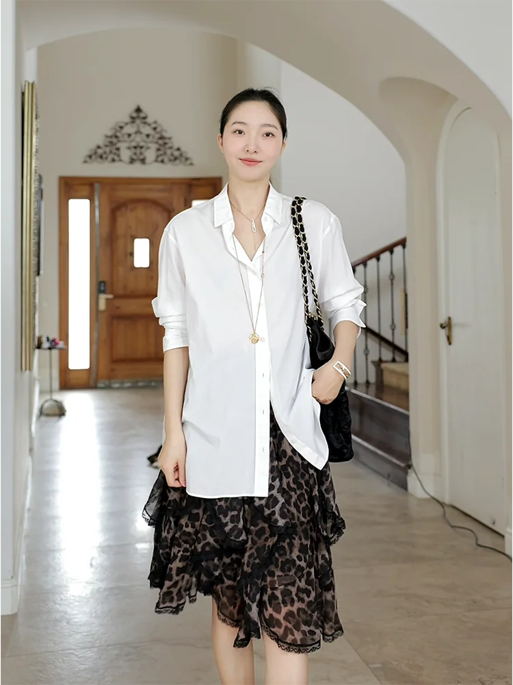 

Heavy-Work Splicing Lace Leopard Print Asymmetrical Simple Slimming Loose Long Sleeve Shirt Casual Skirt Fashion Set for Women