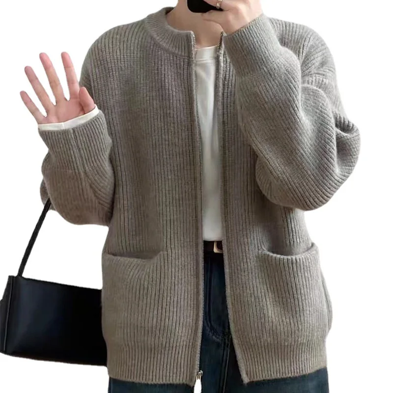 8 Colors Women Knitted Sweater Two Zippers Korean Autumn Loose Cardigan Knitwear Stand Collar Long Sleeves Coat With Pocket