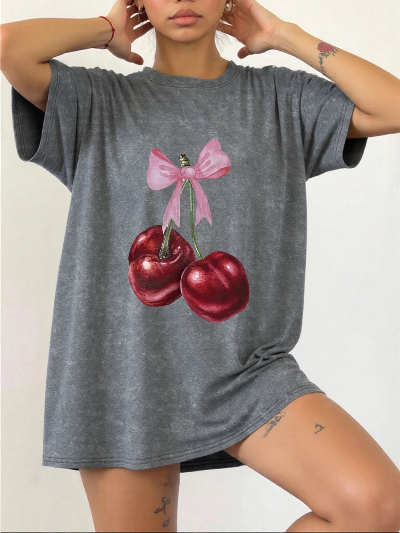 

Женские футболки с розовым бантом и красным вишневым принтом Snow Wash, летняя удобная футболка, повседневная стираная одежда, дышащий хлопковый топ унисекс