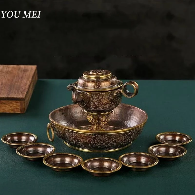 1 Set Nepal Offerings,Handcrafted Copper Altars Plates,Seven Water Bowls,Copper Tibetan Dorma Plates Buddhism Religious Item