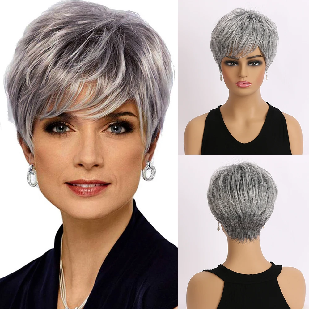 Pelucas cortas naturales con flequillo para mujer, pelo de mamá suave, uso diario, corto, gris, degradado, rizado, sintético, fiesta de disfraces