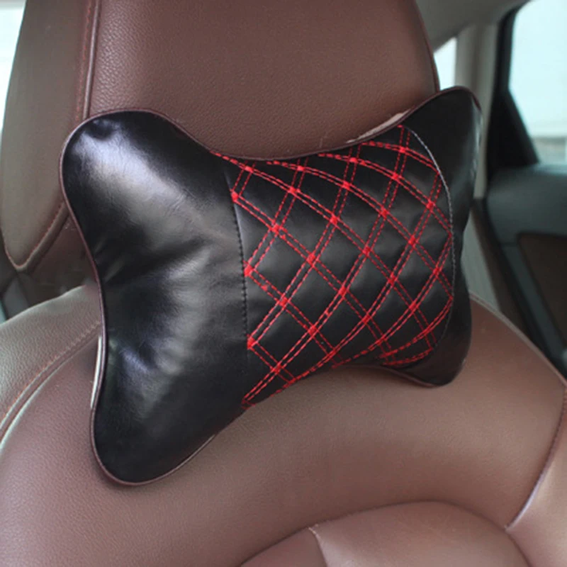 1pc Car Neck Pillow Both Side Pu Leather Headrest For Head Pain Relief Filled Fiber Black And Red Line Car Pillow 28x18x9cm