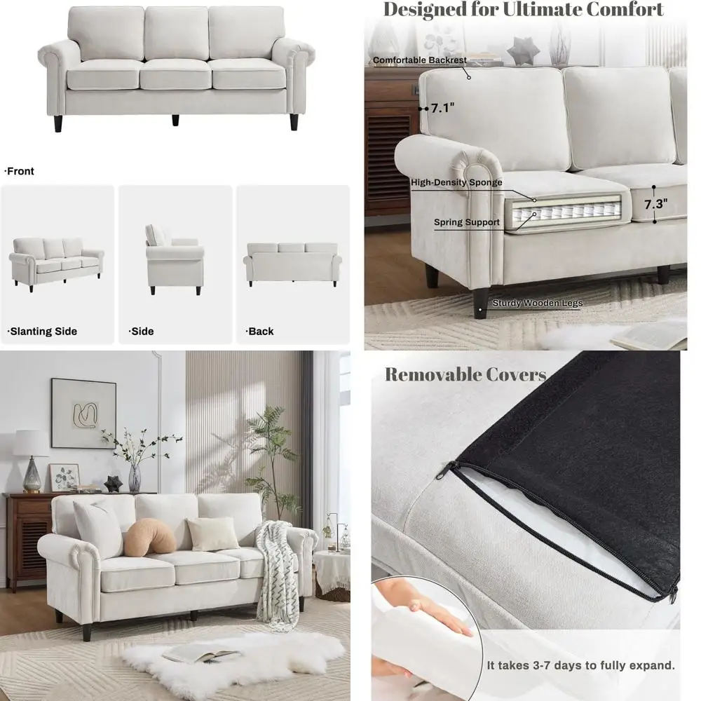 

3 Seater Couch with Rolled Arms, Deep Seats for Comfortable Living Room, Easy Assembly, Beige