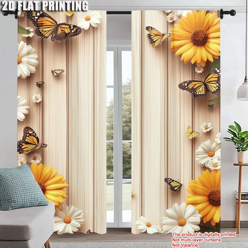

2Pcs Butterfly Floral Print Window Curtains Rod Pocket Decorative Window Drapes Window Treatments For Bedroom Living Room Home