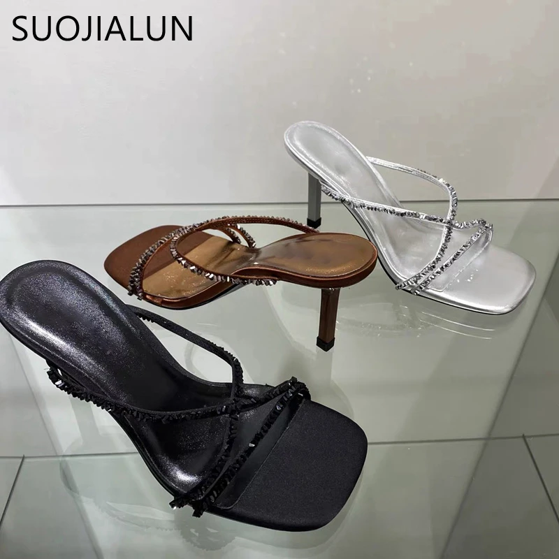 SUOJIALUN 2022 New Brand Women Slipper Fashion Carystal Narrow Band Ladies Sandal Round Toe Thin High Heel Elegant Slides Shoes