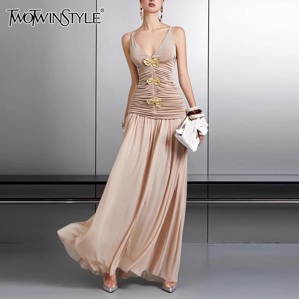 

TWOTWINSTYLE Slimming Spliced Fold Two Piece Sets for Women V Neck Sleeveless Patchwork Sequined Top High Waist Skirt Set Female