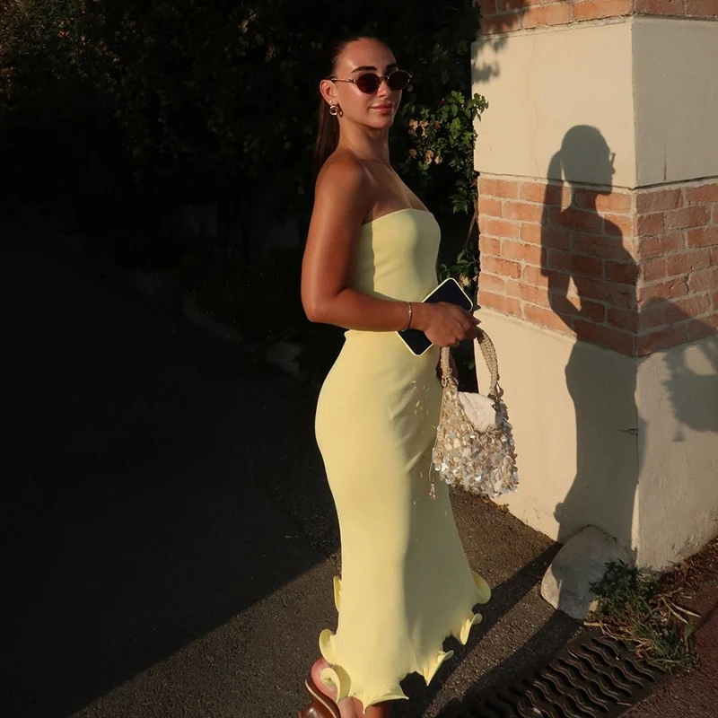 Długa sukienka bez rękawów i pleców dla kobiet, marszczona, obcisła, seksowna sukienka midi bez ramiączek na imprezę na plaży, vestidos