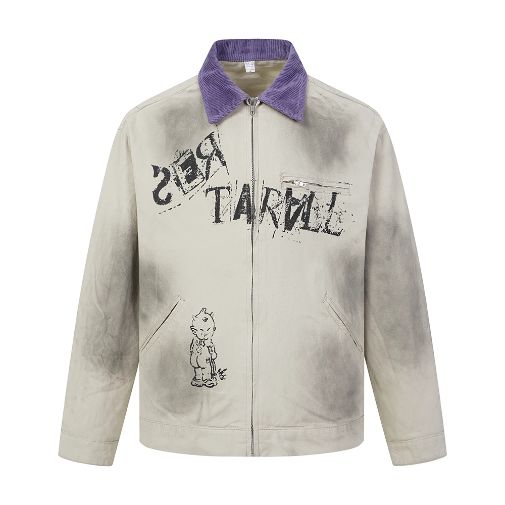 Harajuku Graffiti Zipper Jeans Jacket for Men and Women Lapel Washed Retro Windbreaker Autumn Denim Coat Oversized