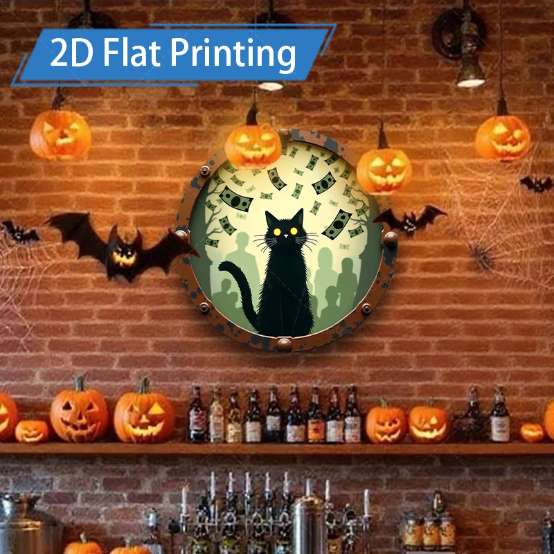 Targa in metallo da 1 pezzo, 4x16 pollici Halloween Black Cat Money Scene Stampa piatta Targa in metallo Decorazione da bar