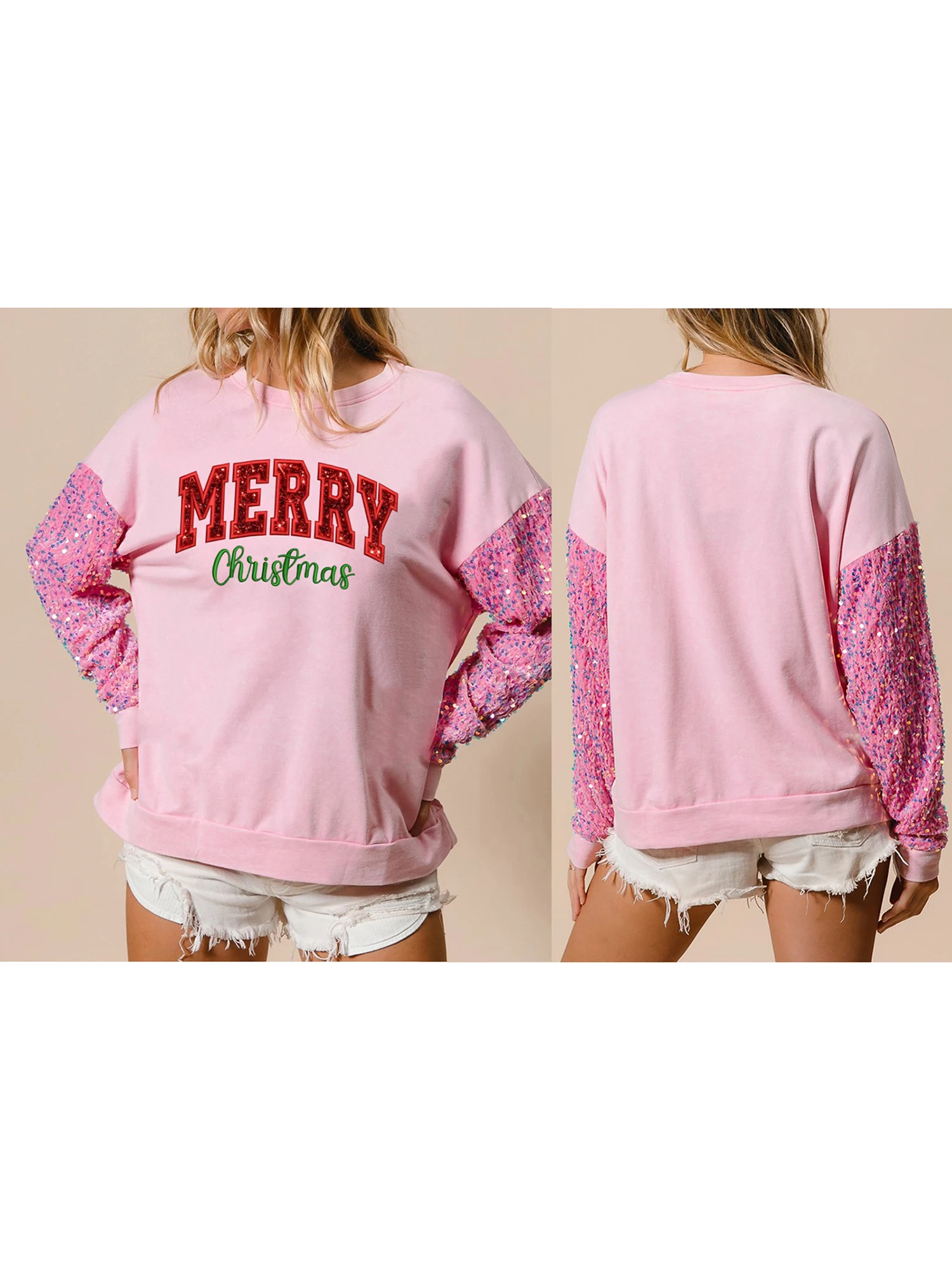 女性のカジュアルクリスマスセーター長袖ラウンドネックスパンコール文字刺繍ジャンパートッププルオーバースウェットシャツ