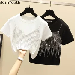 Shirts for Women Diamond Fashion Oversized Tshirts Y2k Tops 2024 Ropa Mujer Short Sleeve Fake Two T-Shirt Summer Casual Tees