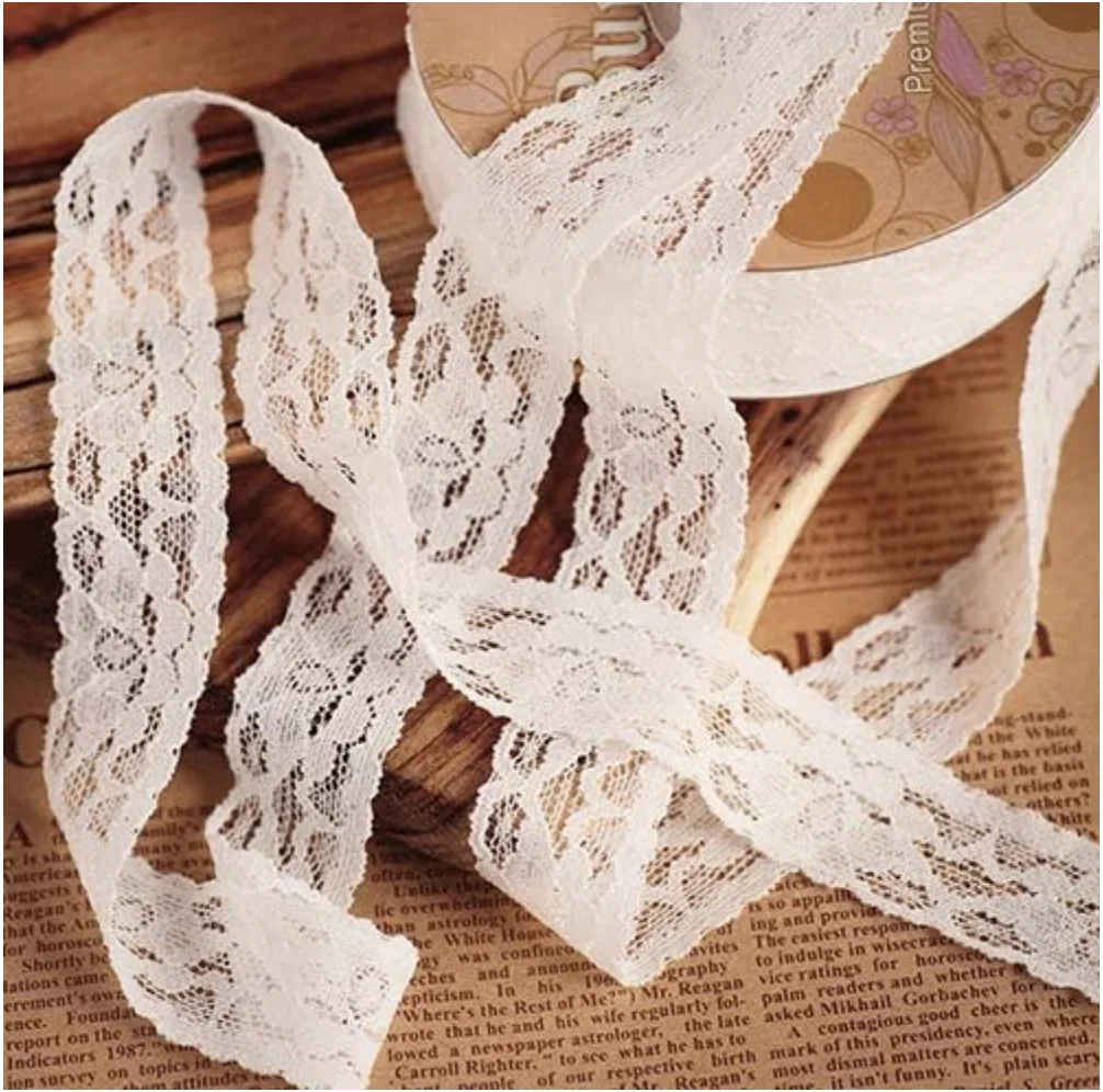 

1" Wide x 25 Yards Elastic Floral Pattern White Lace Ribbon for Decorating, Floral Designing and Crafts