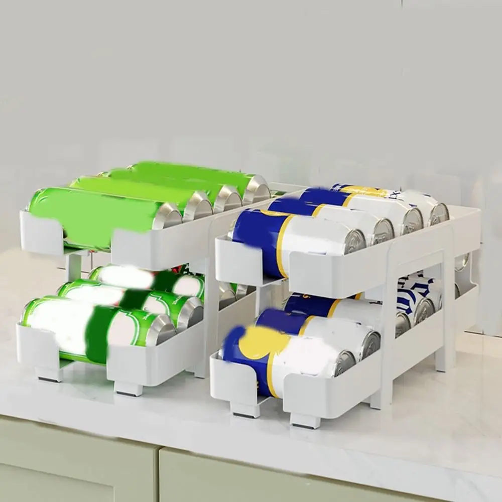 

Plastic 2 Layer Beverage Storage Box Automatic Rolling Retractable Beer Storage Box Clear Stackable Canned Food Storage Rack