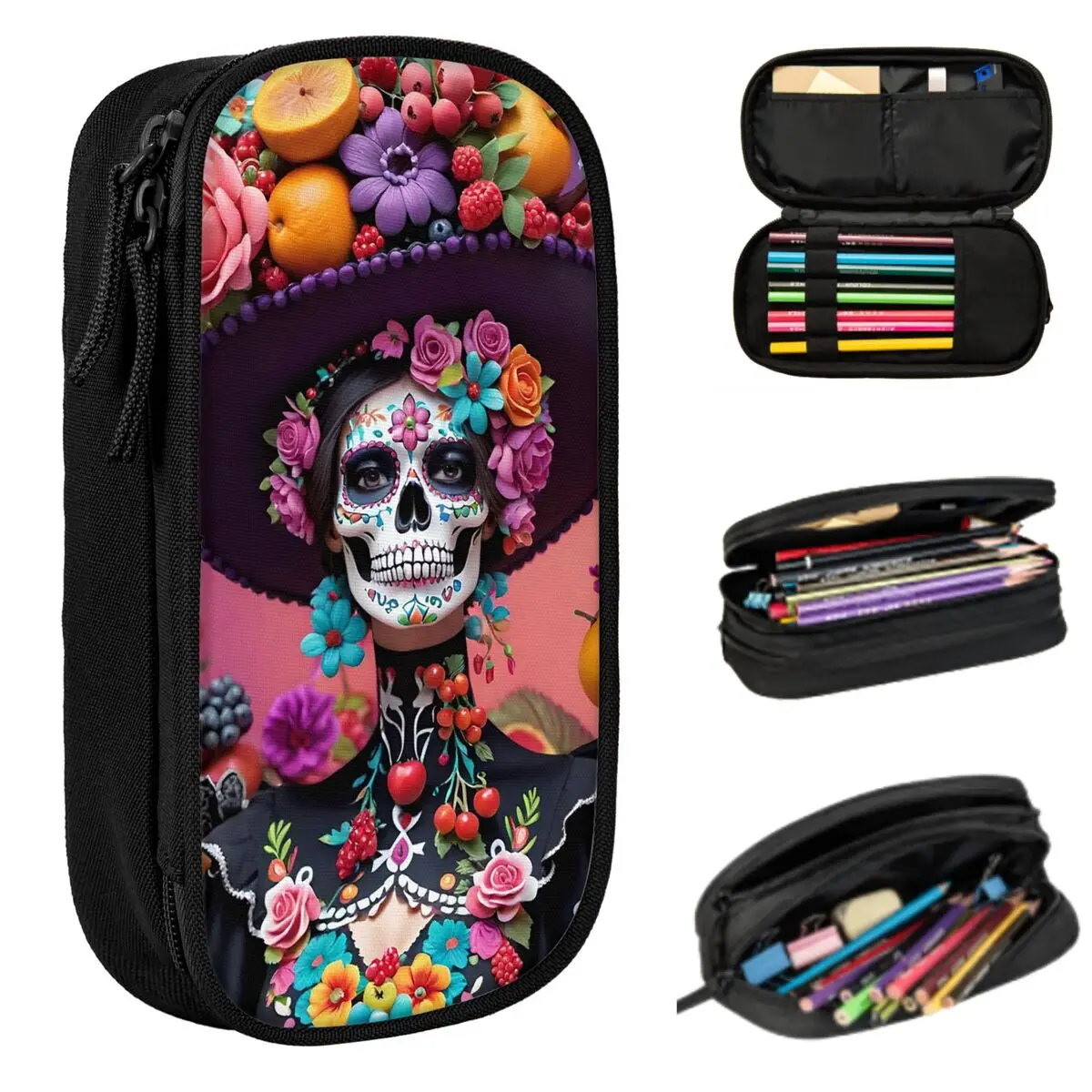 Day Of The Dead Sugar Skull Mexican Girl Federmäppchen für Jungen und Mädchen, Schule, Stiftbox, Bleistiftbeutel, Schreibwaren, Stifthalter, Tasche