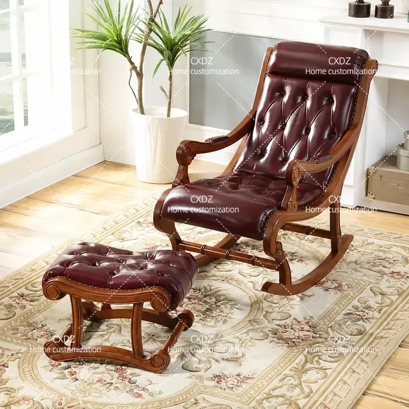 Solid Wood Rocking Chair Leather Recliner Lazy Sofa for Balcony Home Leisure Adult Elderly Sleeping Lunch Break Comfortable