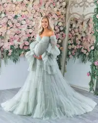 Chic Ruffle Evening Dresses Women's Long Sheer Pregnancy Bathgown Maternity Tulle Robe for Photo Shoot