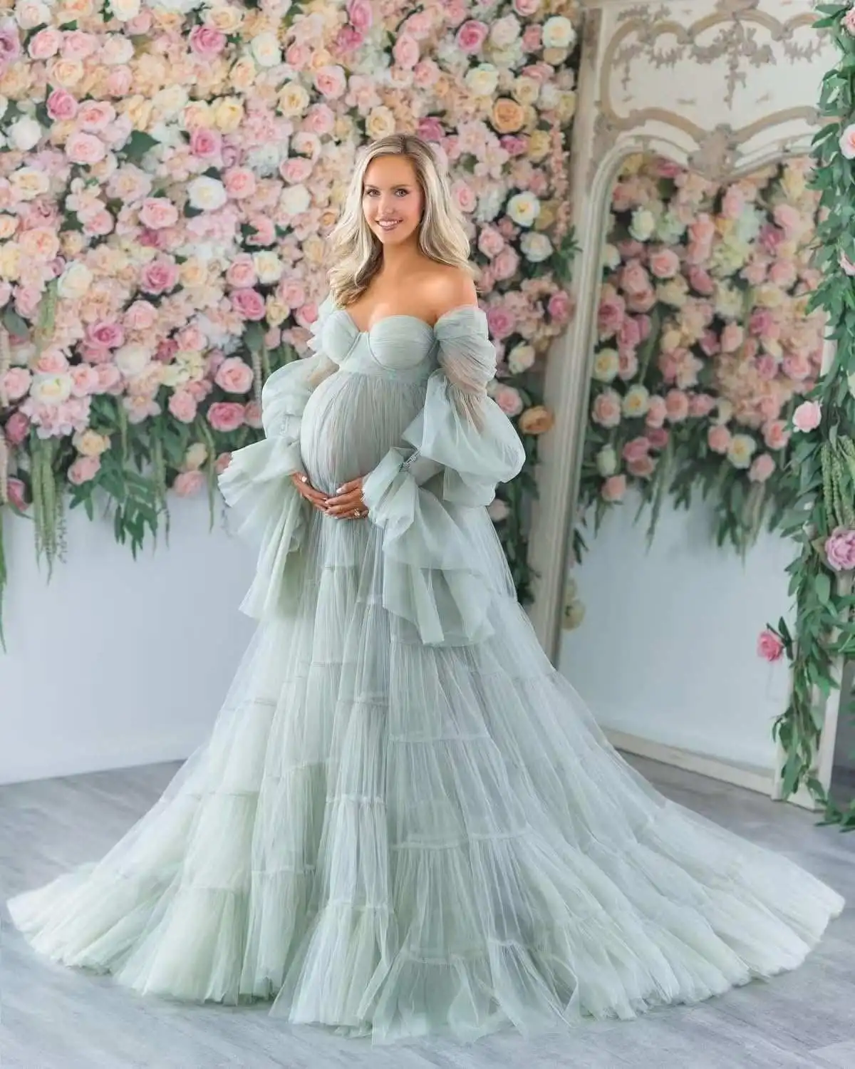Eleganckie suknie wieczorowe z falbanką damska długa przezroczysta koszula kąpielowa ciążowa tiulowa szata do sesji zdjęciowej