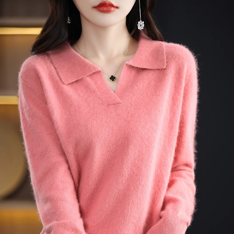 100% Mink Cashmere Soft Sweater Women Polo Collar Pullover Casual Knit Sweater Autumn Winter Warm Solid Color Long Sleeve Top