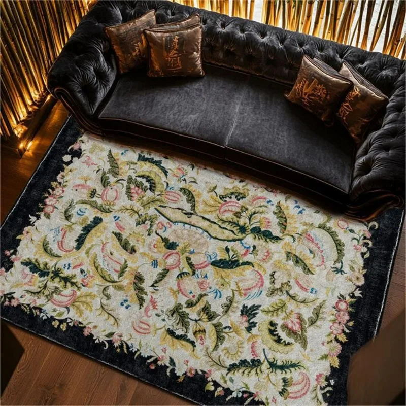 Retro British American Countryside Flowers Red Green Black Frame Bedroom Living Room Non Slip Carpet
