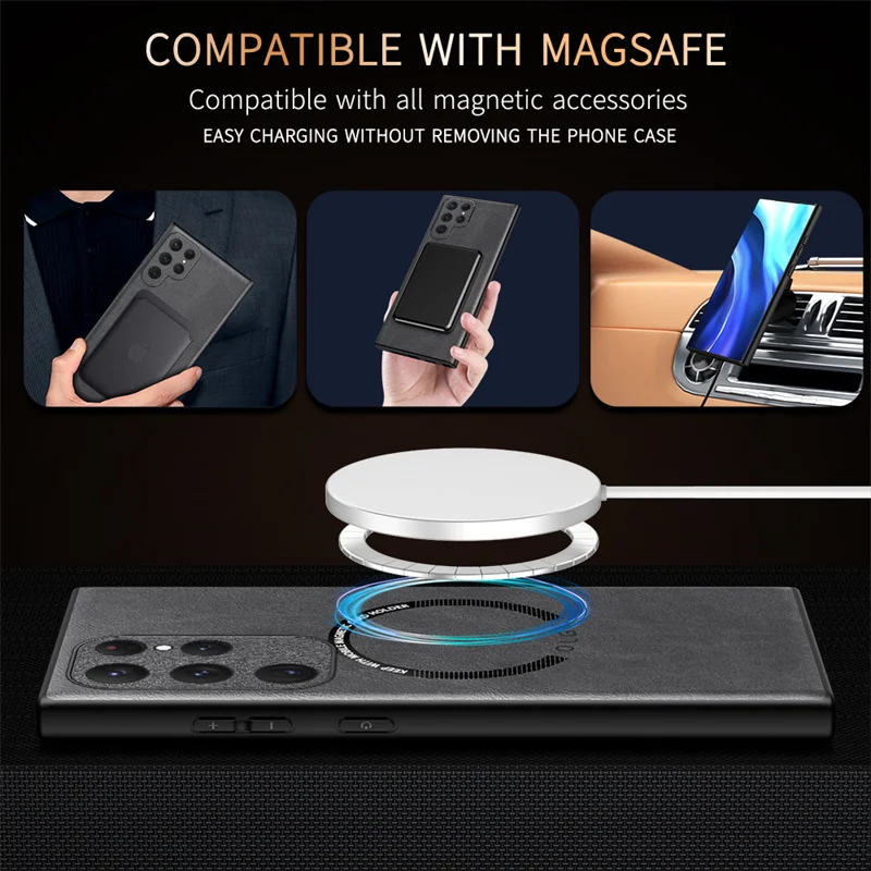 Luxury Leather Magnetic Phone Case for Samsung Galaxy S24 S23 S22 S21 S20 Ultra FE Note 10 20 Plus Magsafe Wireless Charge Cover