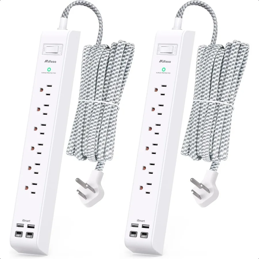 

2 Pack Extension Cord 10ft Power Strip Surge Protector with 6 Outlets 4 USB Charging Ports Flat Plug Overload Protection Wall M