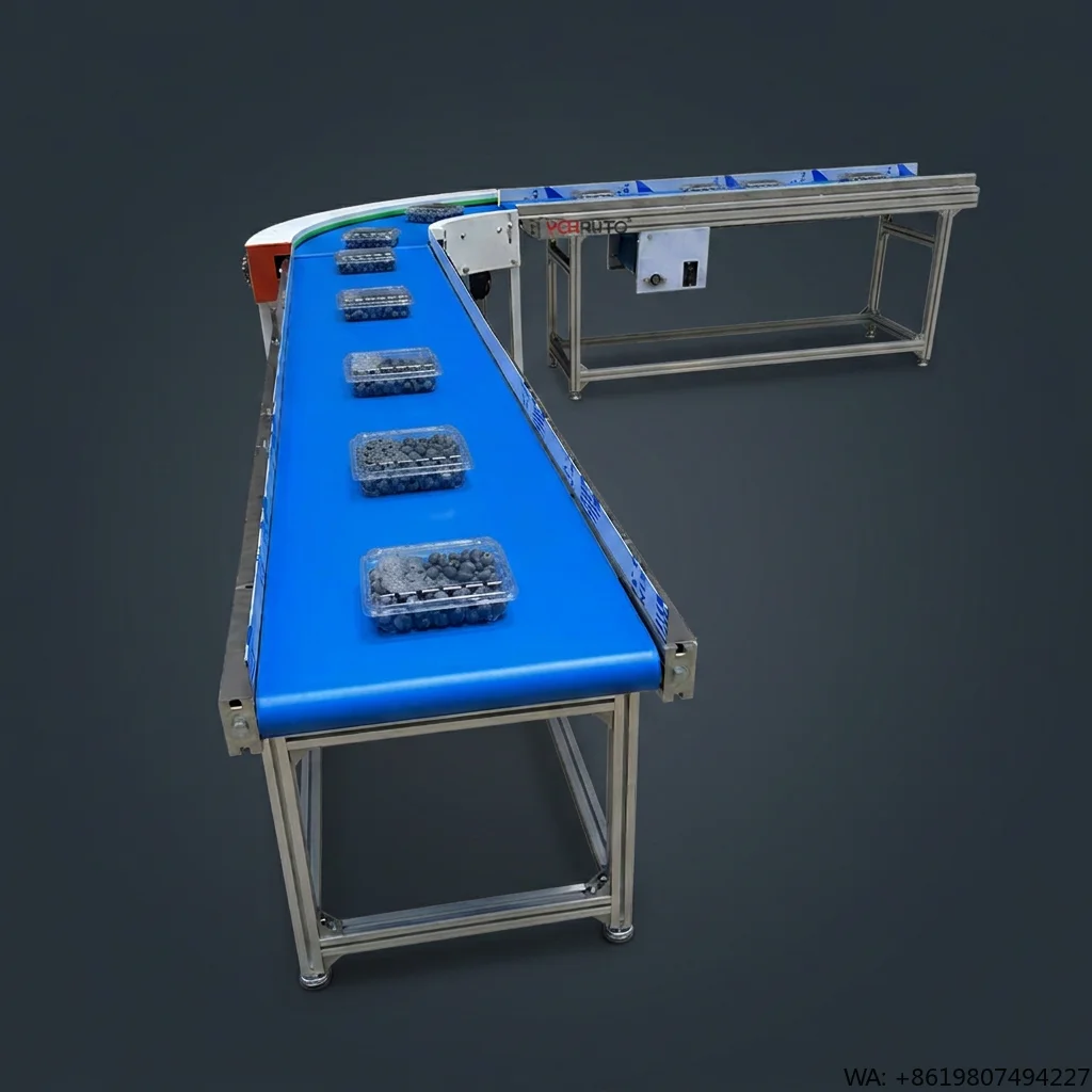 Blue Food Grade PU Belt Conveyor  Adjustable Speed Easy Cleanliness for Home Use Retail Fresh Fruit Washing Grading