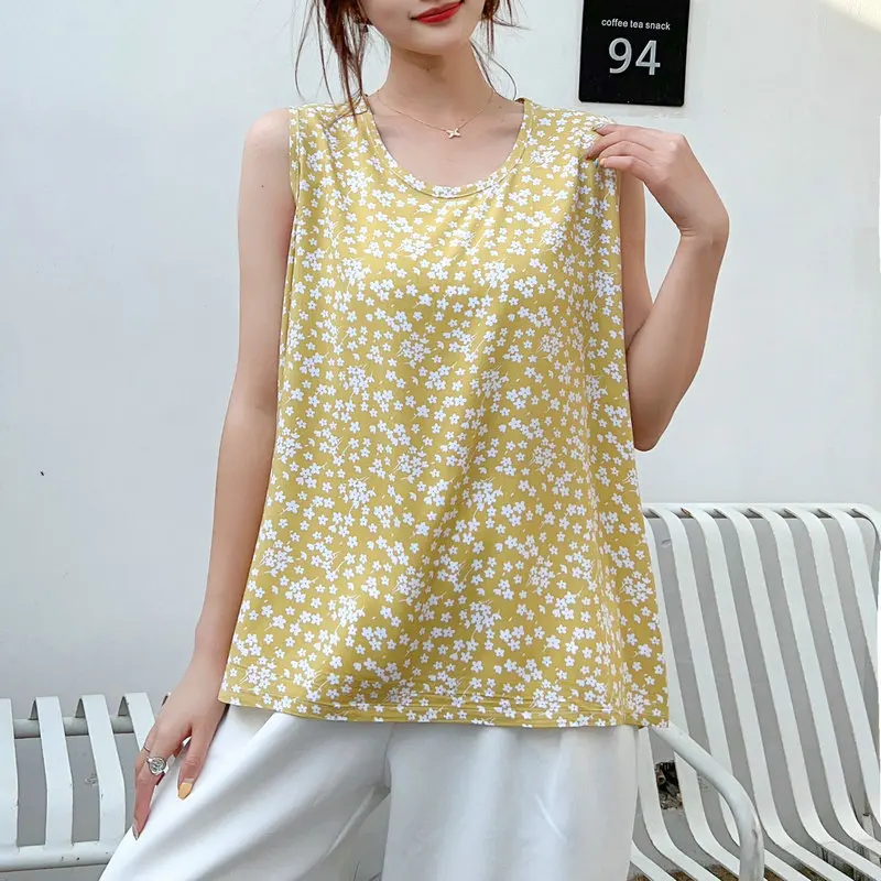 National style flower vest summer loose large size slimming sleeveless top artificial cotton silk thin sweet wide shoulder strap